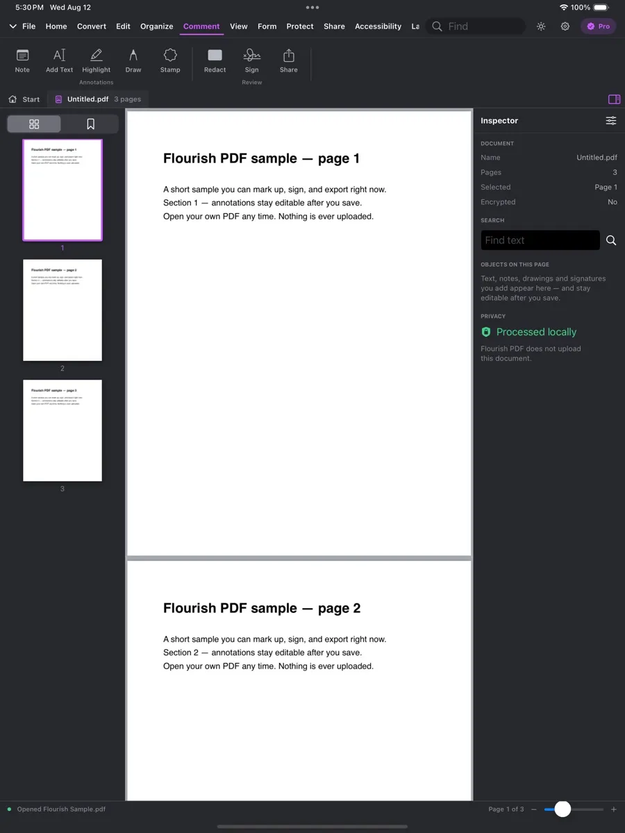 Flourish PDF on iPad: the Comment tab with Note, Add Text, Highlight, Draw, Stamp, Redact and Sign, page thumbnails on the left and a Processed locally badge