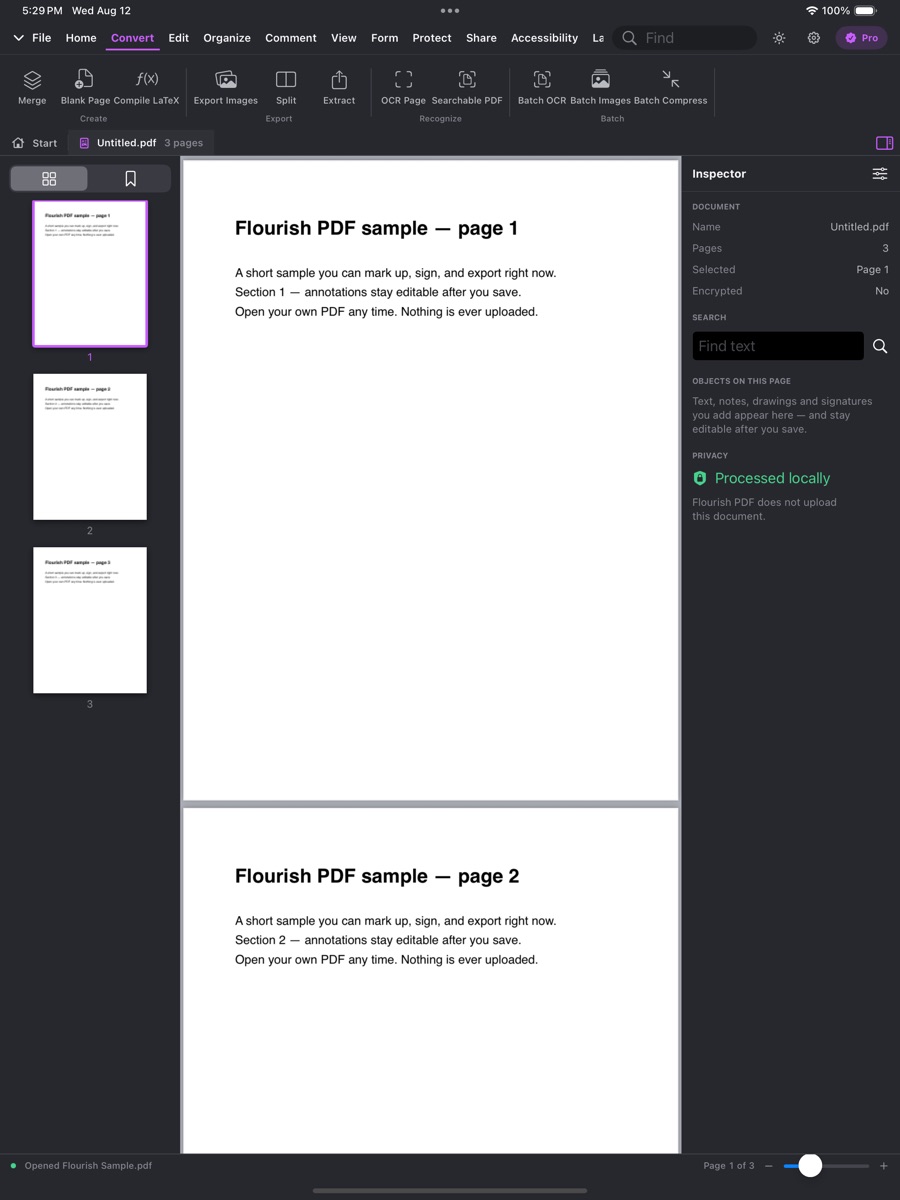 Flourish PDF's Convert tab on iPad: Merge, Blank Page, Compile LaTeX, Export Images, Split, Extract, OCR Page, Searchable PDF and the Batch tools