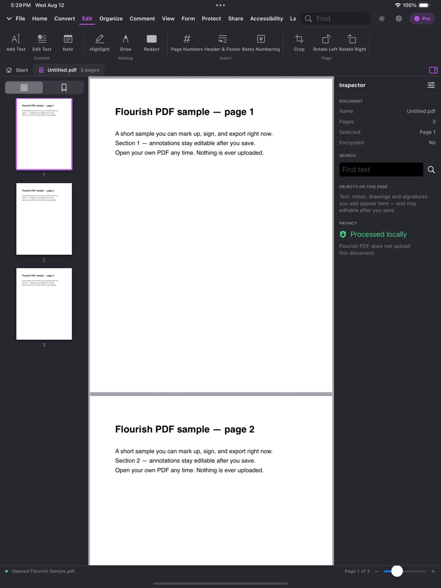 Flourish PDF's Edit tab on iPad: Add Text, Edit Text, Note, Highlight, Draw, Redact, Page Numbers, Header & Footer, Bates Numbering, Crop and Rotate