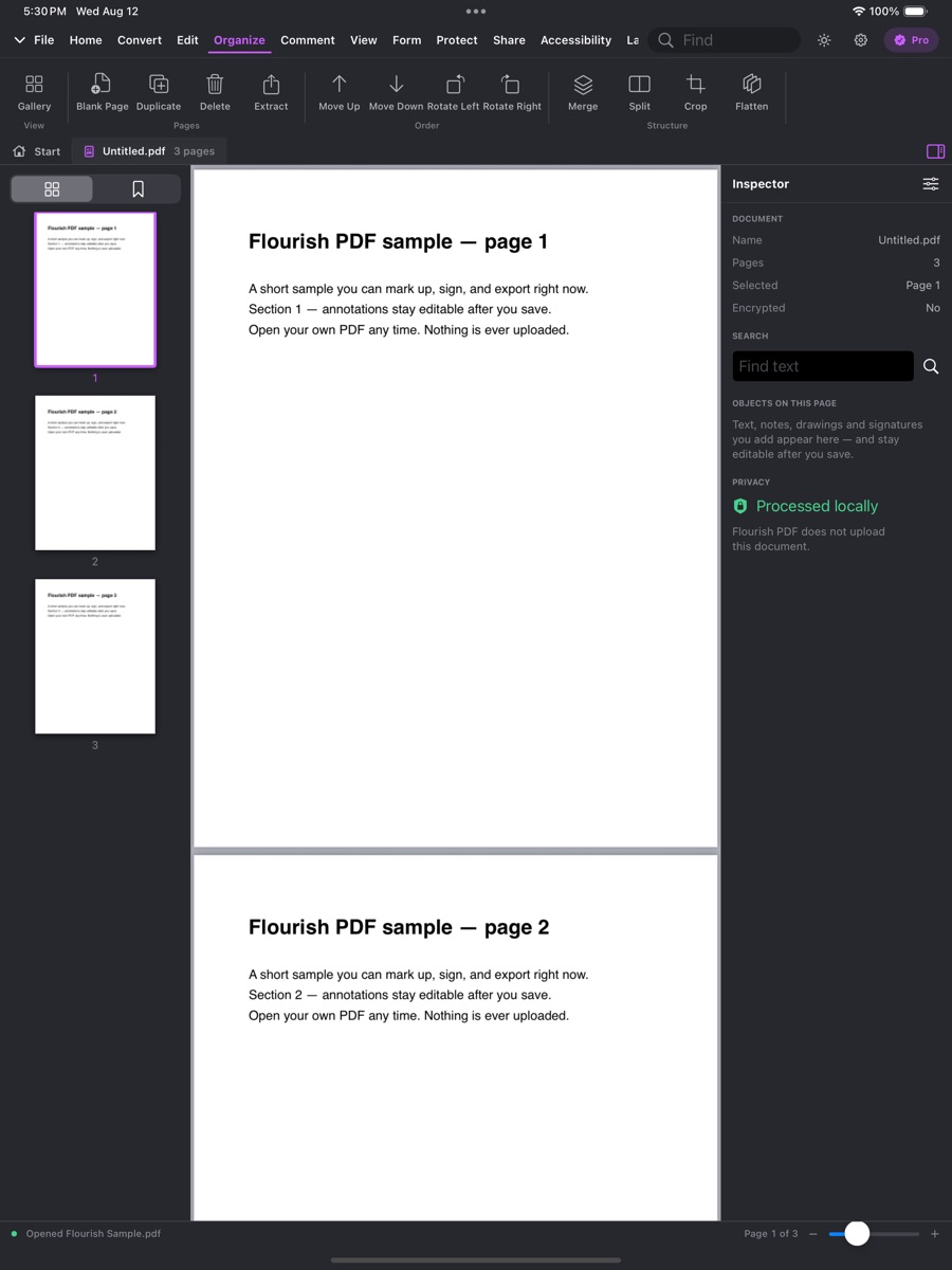 Flourish PDF's Organize tab on iPad: page gallery, Blank Page, Duplicate, Delete, Extract, Move Up, Move Down, Rotate, Merge, Split, Crop and Flatten, with the Processed locally badge