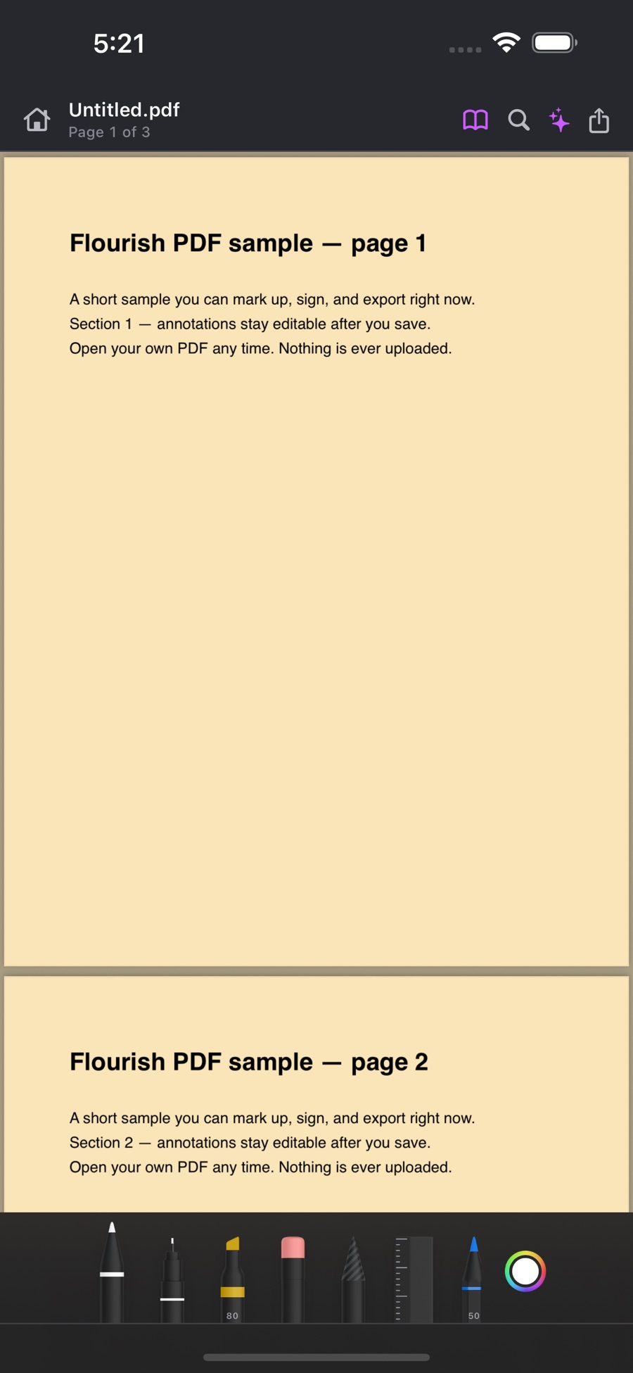 Flourish PDF on iPhone in Sepia reading theme with the drawing tools tray: pen, marker, highlighter, eraser, pencil, ruler and colour picker
