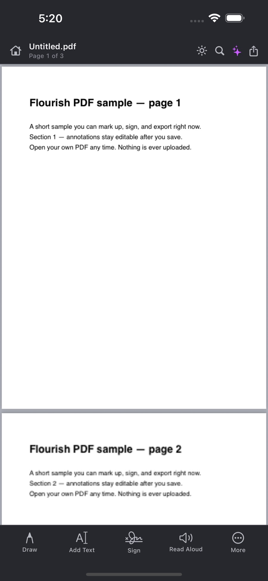 Flourish PDF on iPhone: a PDF open with the AI sparkle button in the top bar and Draw, Add Text, Sign and Read Aloud below