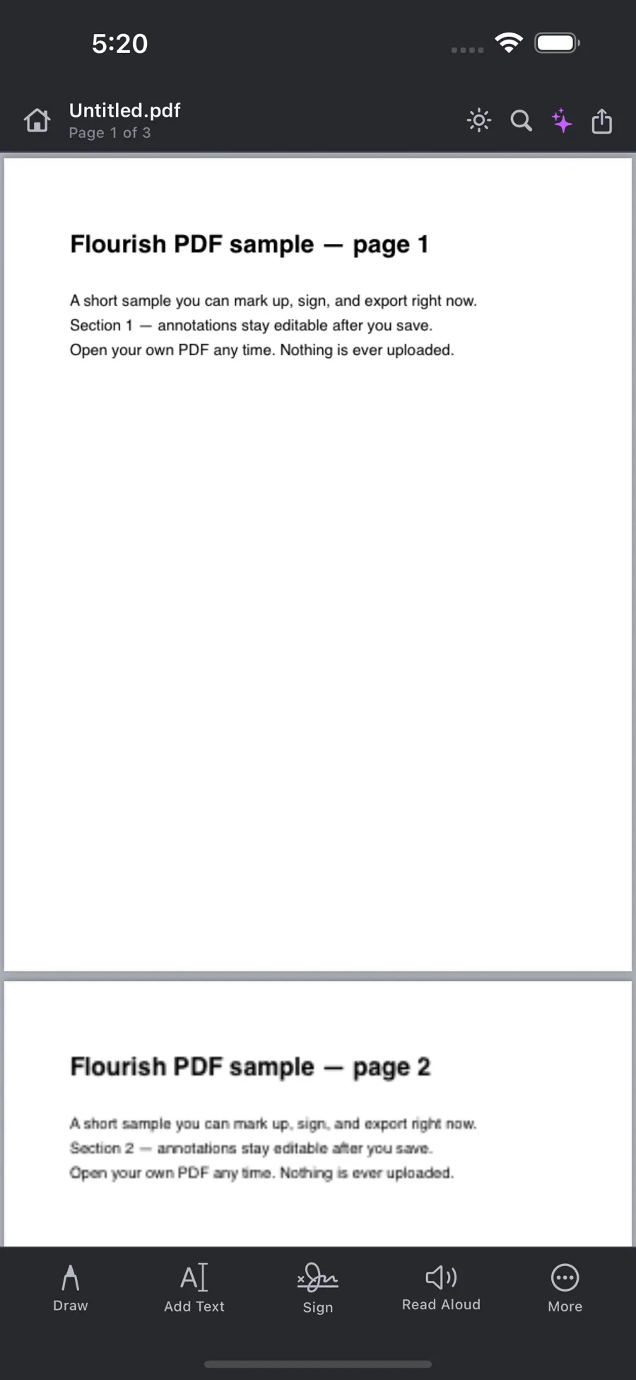 Flourish PDF on iPhone showing a PDF with the Draw, Add Text, Sign and Read Aloud toolbar