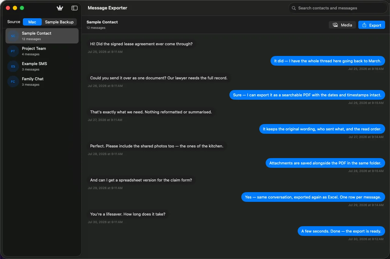 Message Exporter on macOS: contact list on the left, the selected conversation on the right, with Media and Export buttons in the toolbar.