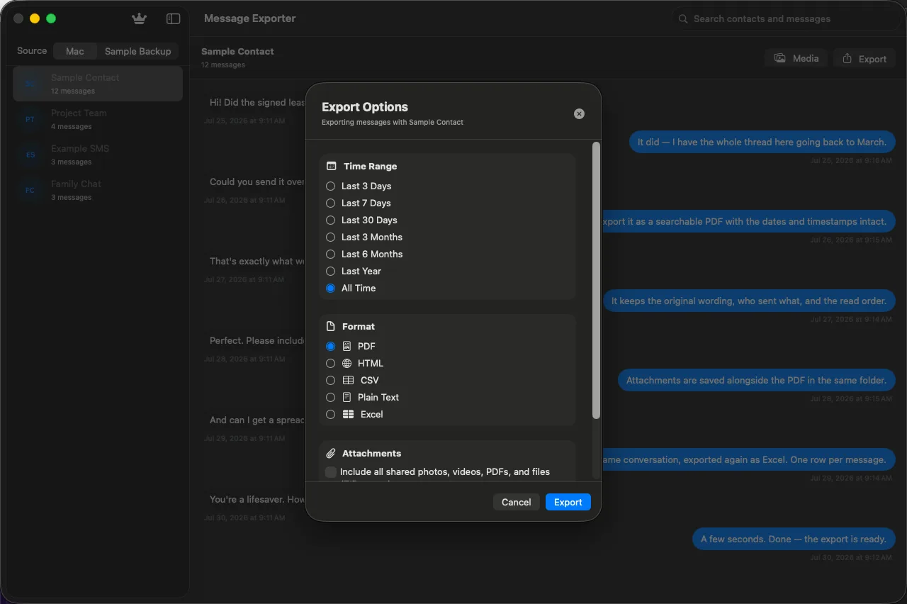 The Export Options sheet in Message Exporter showing Time Range, Format, and Attachments controls.