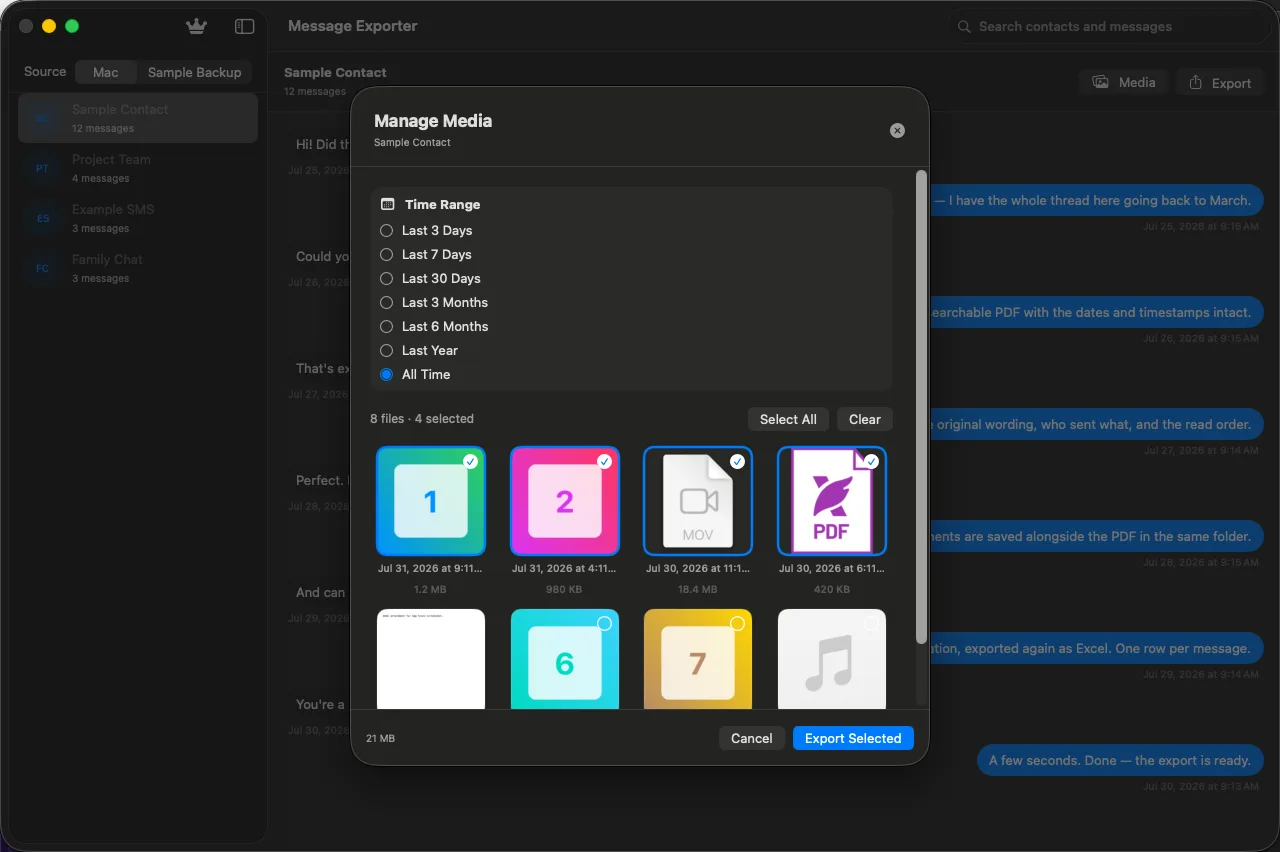 The Manage Media sheet in Message Exporter listing shared photos, videos, PDFs and files with sizes and dates.